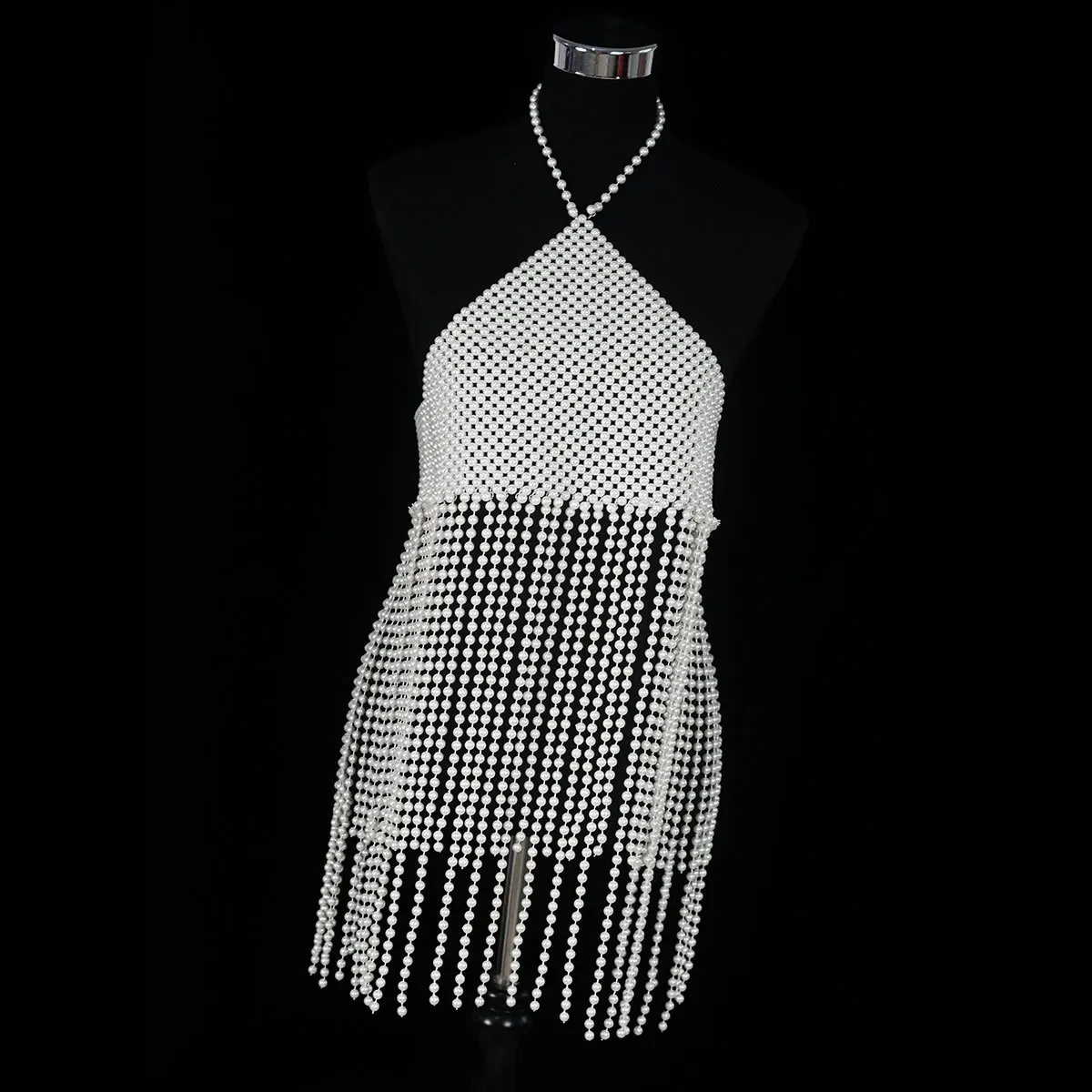

Sexy Woven Pearl Tassel Long Dress Bra Skirt Chain Women Summer Bikini Elegant Festival Costume Body Jewelry Y2K Accessories