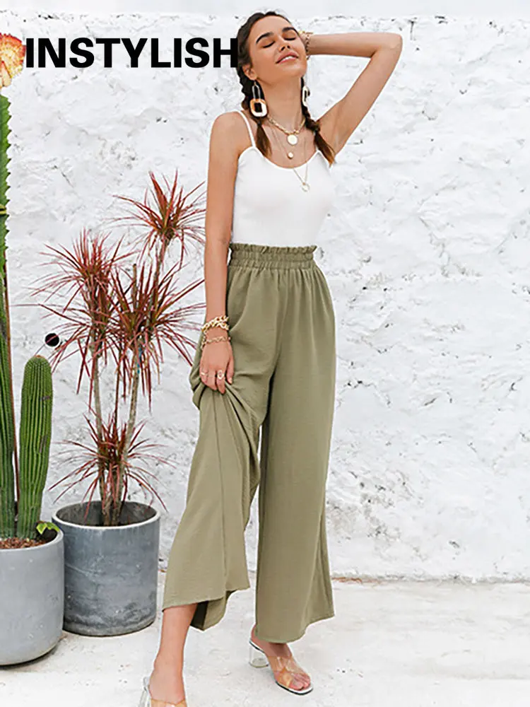 

Woomen High Waist Cotton Linen Wide Leg Pants 2022 Spring Autumn Loose Trousers Simple Casual Solid Classic Ruffled Long Pants