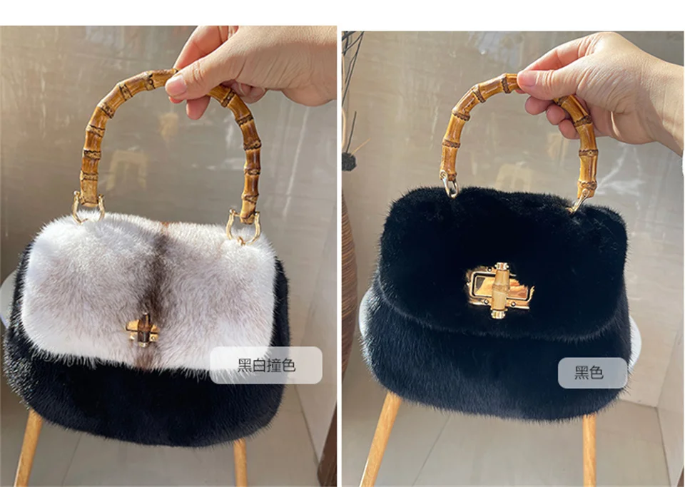 Premium-Qualität Natürliche Nerz-Damenhandtasche Modische Neue Damen-Bambus-Umhängetasche Trendige Flauschige Fell-Handtasche – Detail 11