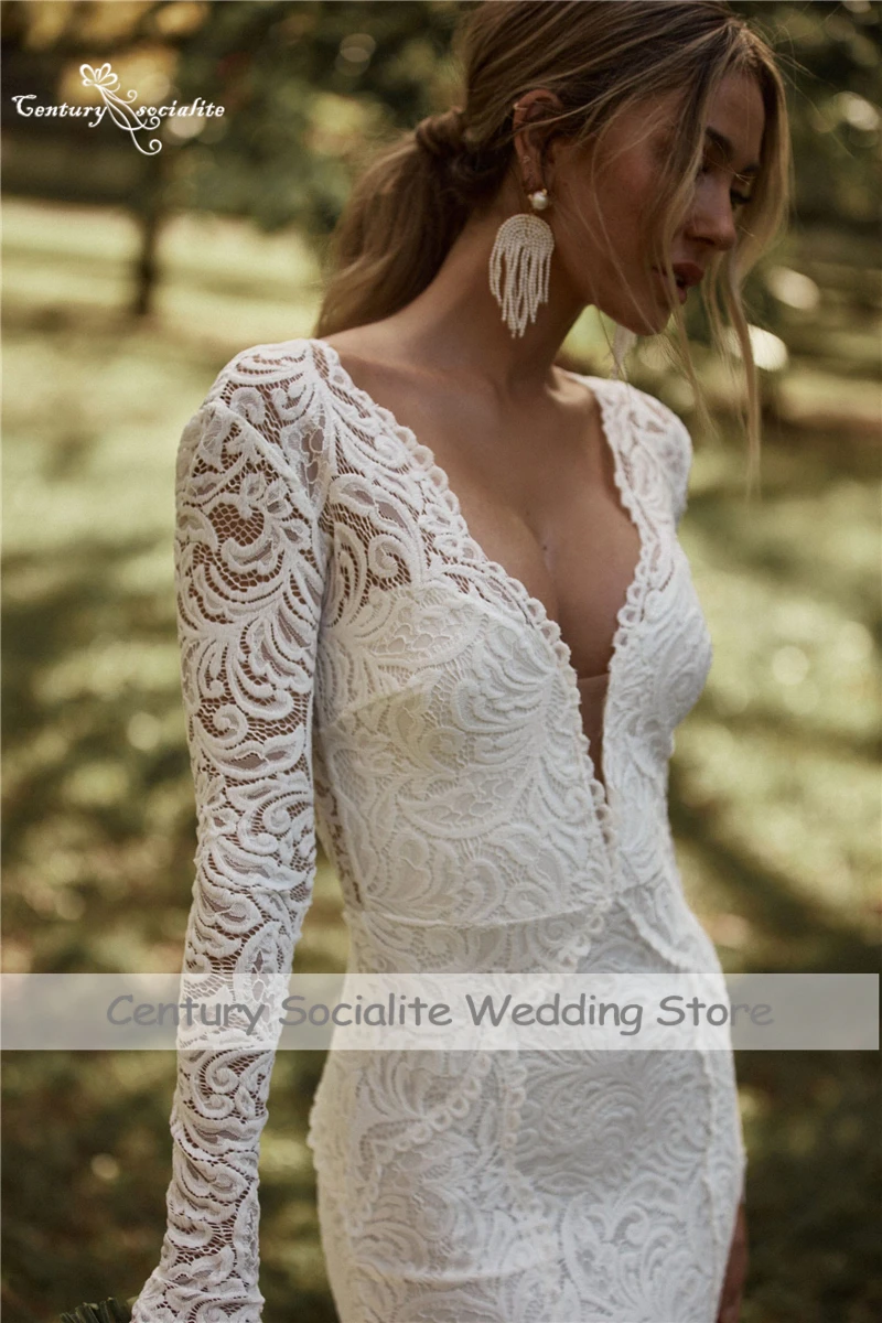 Women Boho Backless Wedding Dresses Mermaid Long Sleeve V-Neck Lace Bridal Gowns wedding dresses