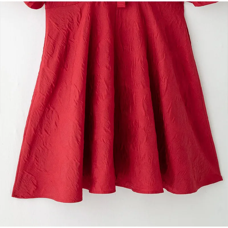 Minivestido retro con cordones en la espalda lisa para mujer, elegante, holgado, de manga corta abullonada, con cuello redondo, para fiesta navideña, ropa de calle