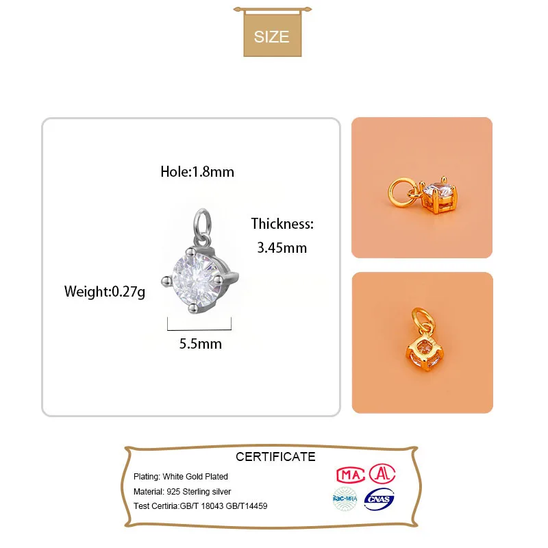 925 Sterling Silver CZ Charm Pendant DIY Jewelry