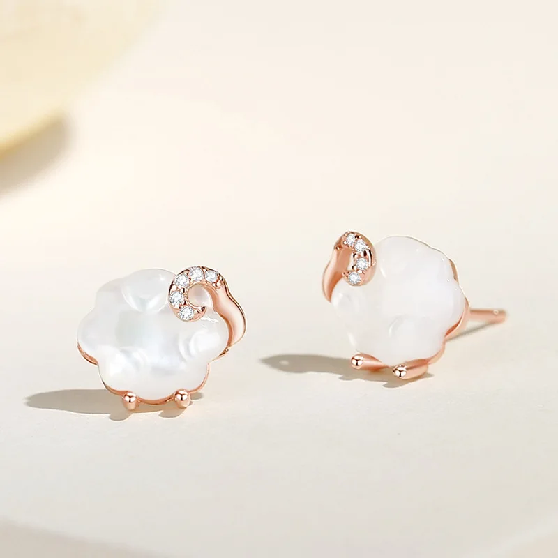 

White Sheep Shaped Earring for Women 925 Sterling Silver Rose Gold Cute Maiden Heart Design Earrings Holiday Gift Jewelry