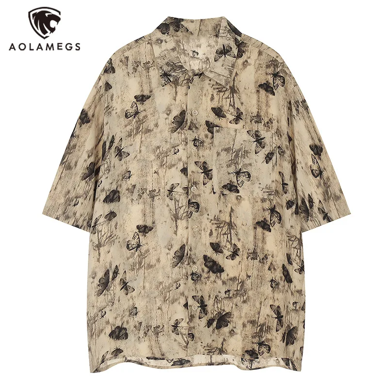 Men Shirts Vintage Butterfly Print Oversized Short Sleeve Shirt Coat Summer Japanese Retro Harajuku Casual Apricot Blouse Unisex