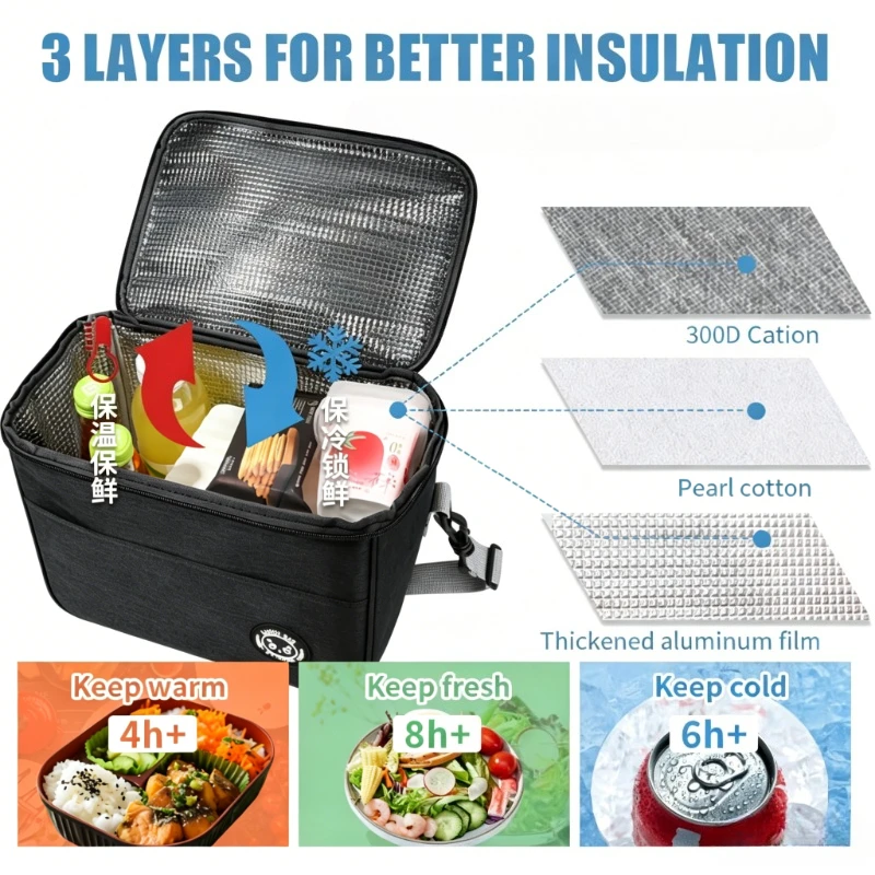 Thermal Oxford Fabric Insulated Lunch Bag with Crossbody Strap and Zipper Closure