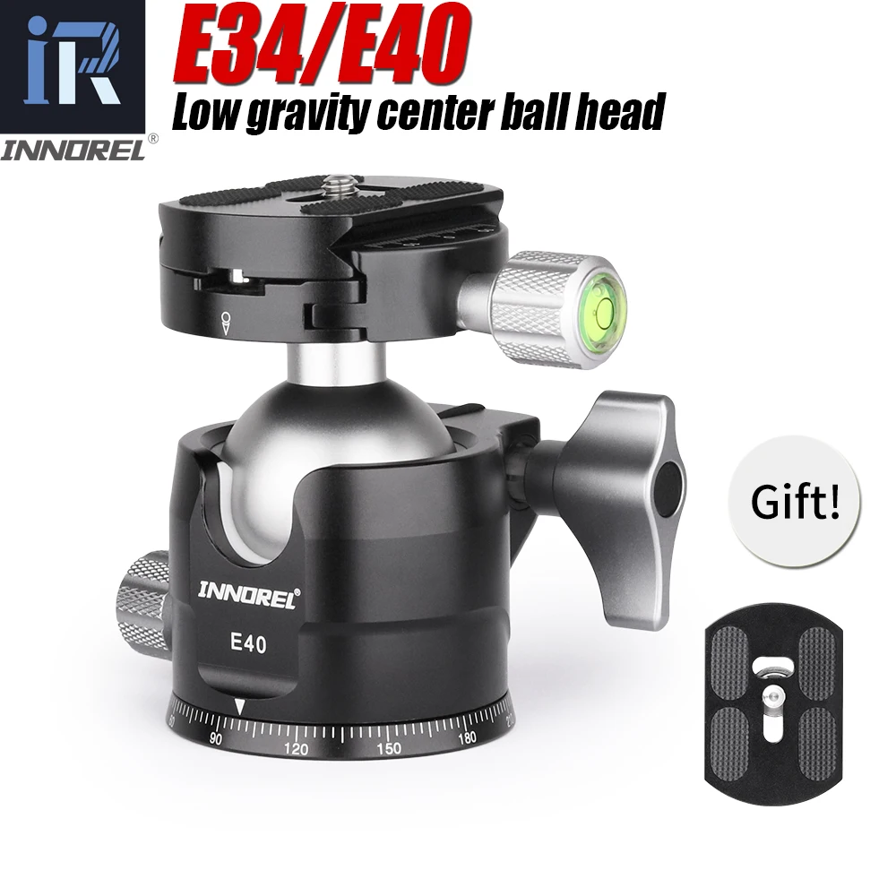 E34/E40 Low Profile Tripod Ball Head Panoramic U Notch CNC Camera Tripod Head for Monopod DSLR Camera Extra Quick Release Plate