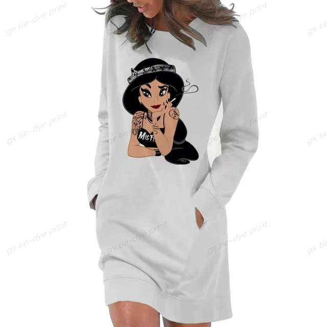 thumbnail image 1 of Vestido con capucha de princesa punk de Disney para mujer, vestido con bolsillos a la moda, minivestidos a la cadera para mujer, tallas grandes, 1 of 5