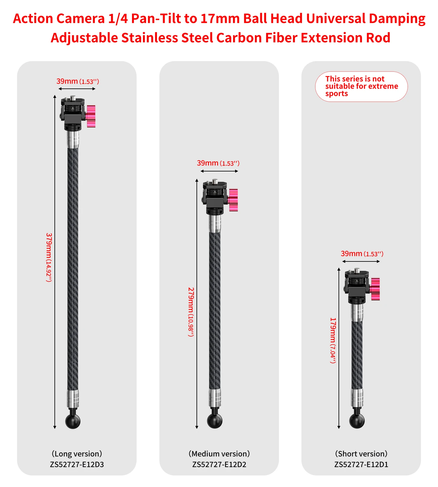 Ultraleichter Selfie-Stick-Stangenverlängerungsarm 1/4 Zoll Arri 17 mm/25 mm Kugelkopf für Gopro Insta360 OSMO 360 Radfahren Skifahren Helmhalterung – Detail 9