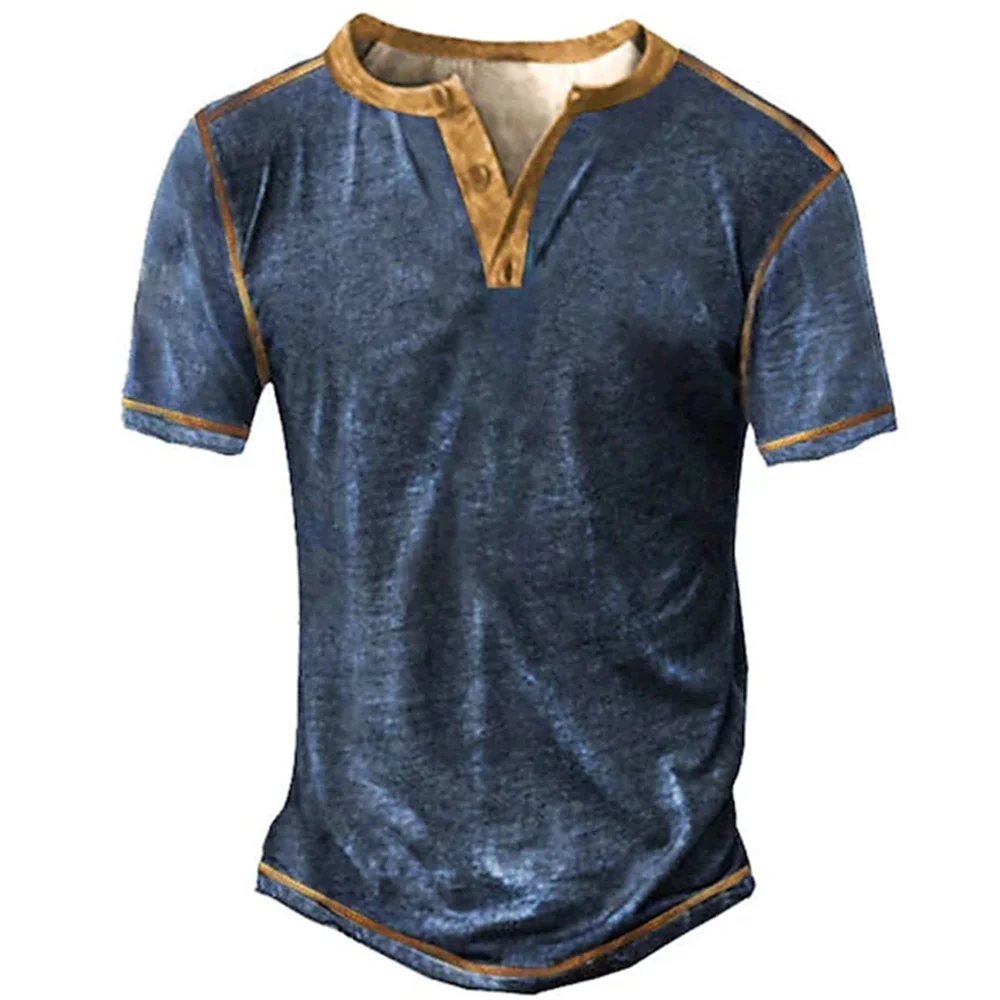 Men's Fashionable Vintage Cotton Henley – A stylish oversized V-neck T-shirt with Harajuku streetwear inspiration.