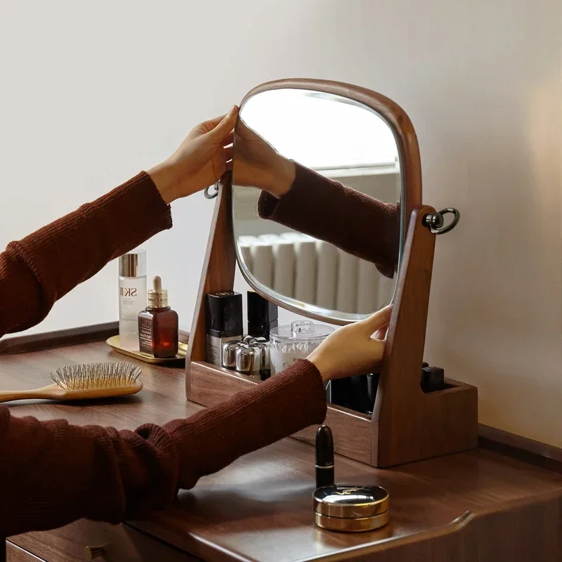 Desktop Makeup Mirror Black Walnut Vanity Mirror for Women Simple Modern Design with 360 Rotation Jewelry Box Dresser Organizer