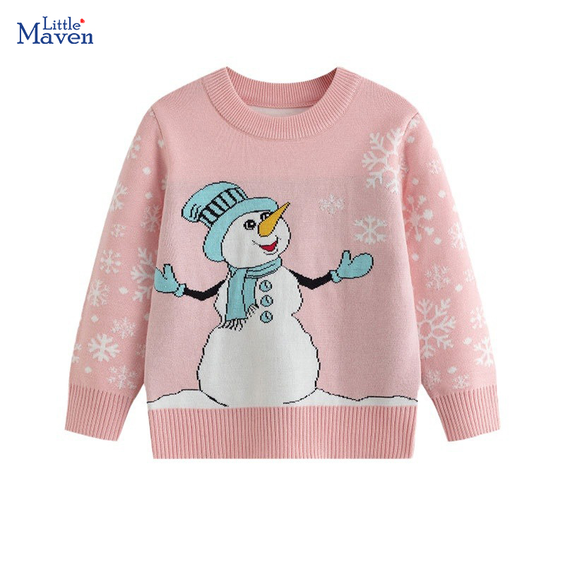 Little maven 2024 Winter Baby Girls Pink Clothes Sweater Casual Autumn Children's Clothing Cartoon Snow Man for Kids 2-7 year