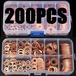 200Pcs Solid Copper Washers M5-M14 Flat Ring Sump Plug Oil Seal Assorted Set With Box