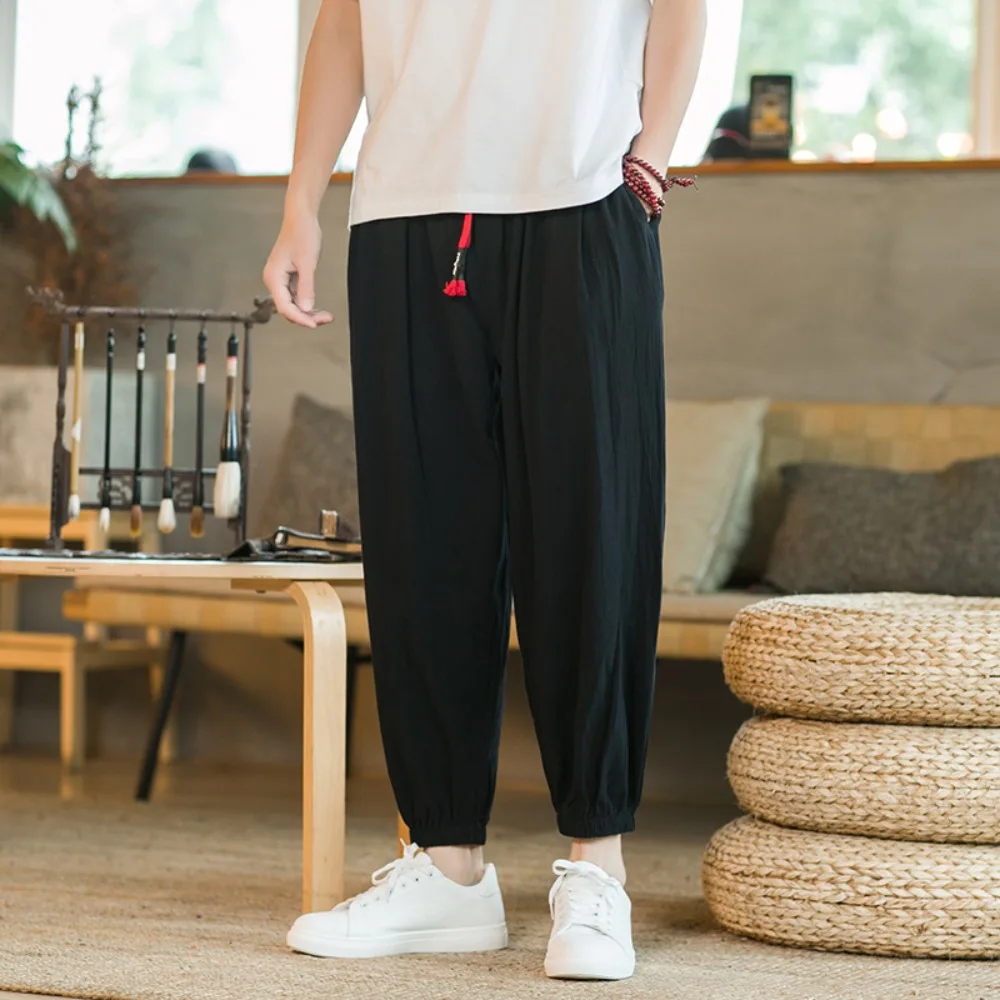 Men's Cotton and Linen Harem Pants Casual Loose Oversize Beach Pants Chinese Style Wide Leg Trousers Joggers Men Summer 2