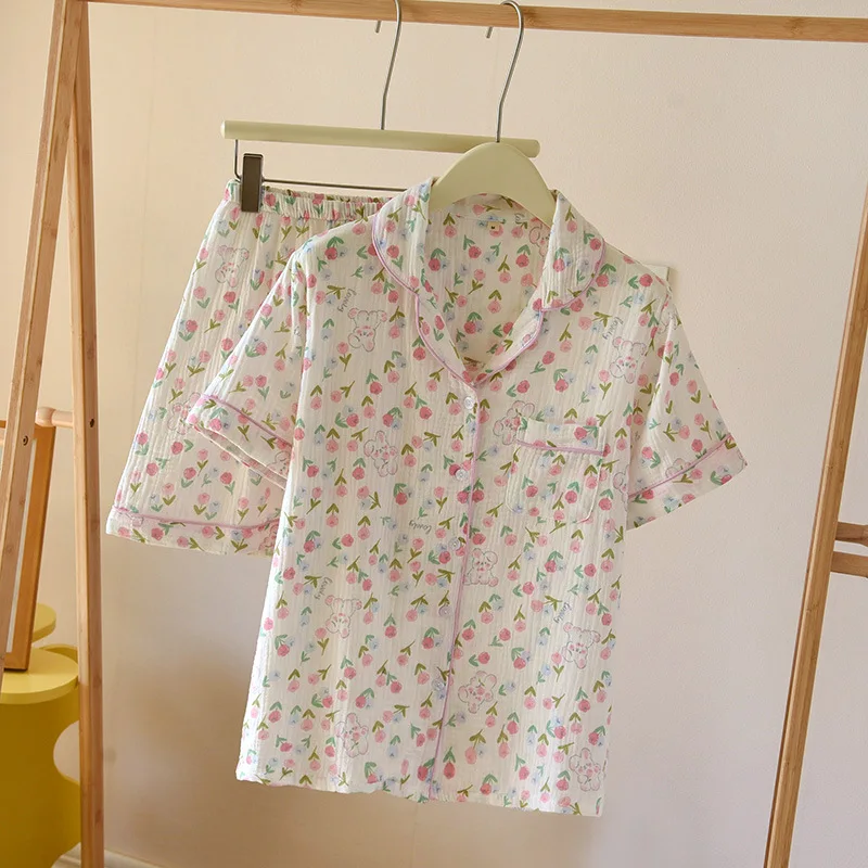 

Fresh Kawaii Clothes for Women's Cotton Cute and Sweet Summer Pajamas Sleepwear Cardigan Tops for Spring/Summer Pajama Suit