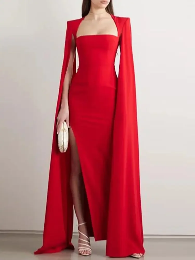 

Женское платье для выпускного вечера с квадратным вырезом, яркое красное шифоновое платье с длинными рукавами и юбкой-годе, вечернее платье с разрезом сбоку, Саудовская Аравия