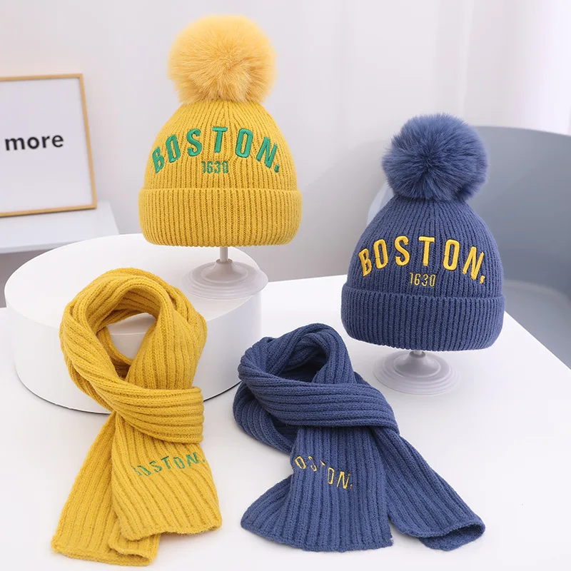 Doitbest baby kids beanie sets boston letters big fur ball 2 Pcs boys girls winter villus hat scarf set for 3 to 8 years