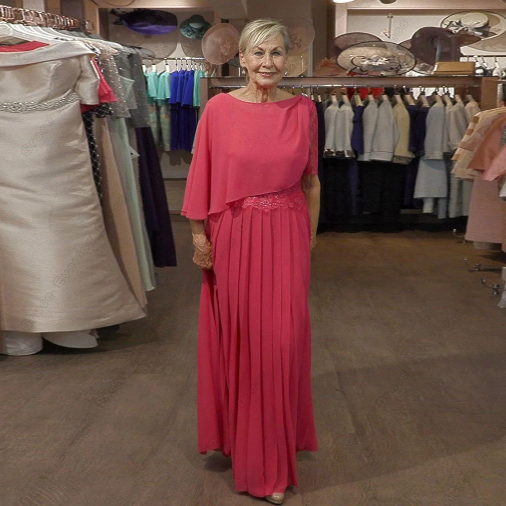 

Elegant Scoop Mother of Bride Dresses with Lace Sequined 2023 Chiffon Beach Wedding Party Gown Half Sleeve Vestido De Noche