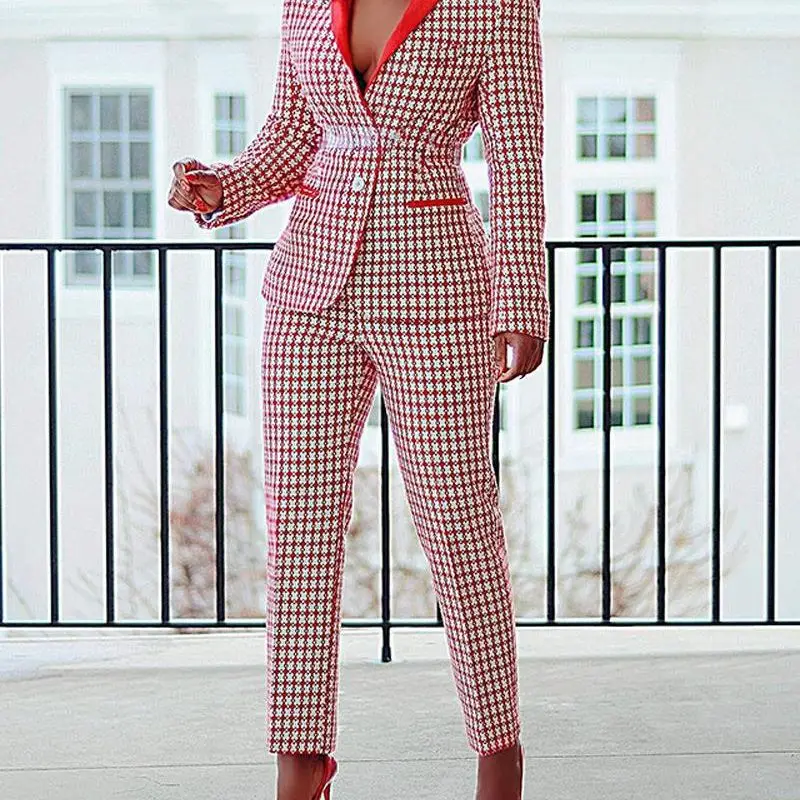 

Plaid Print Shawl Collar Buttoned Blazer Coat & Pants Set Women Fashion Casual Office Lady Blazers Jackets Pencil Pants