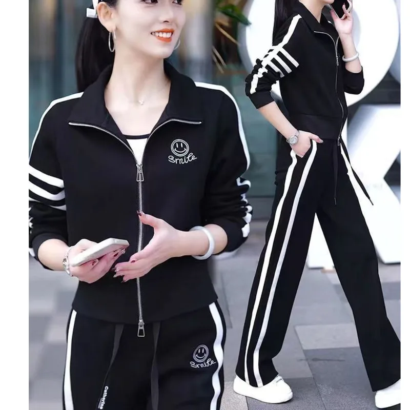 여성 봄, 가을 2025 새로운 서구화 패션 스웨터 재킷 넓은 다리 바지 2 2 조각 세트에 대한 레저 운동복 정장
