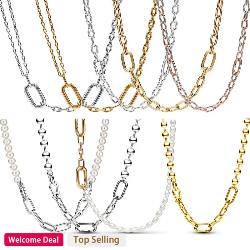 

New Women's High Quality 925 Sterling Silver Light Luxury Pearl Logo ME Metal Bead Ring Chain Necklace DIY Fashion Charm Jewelry