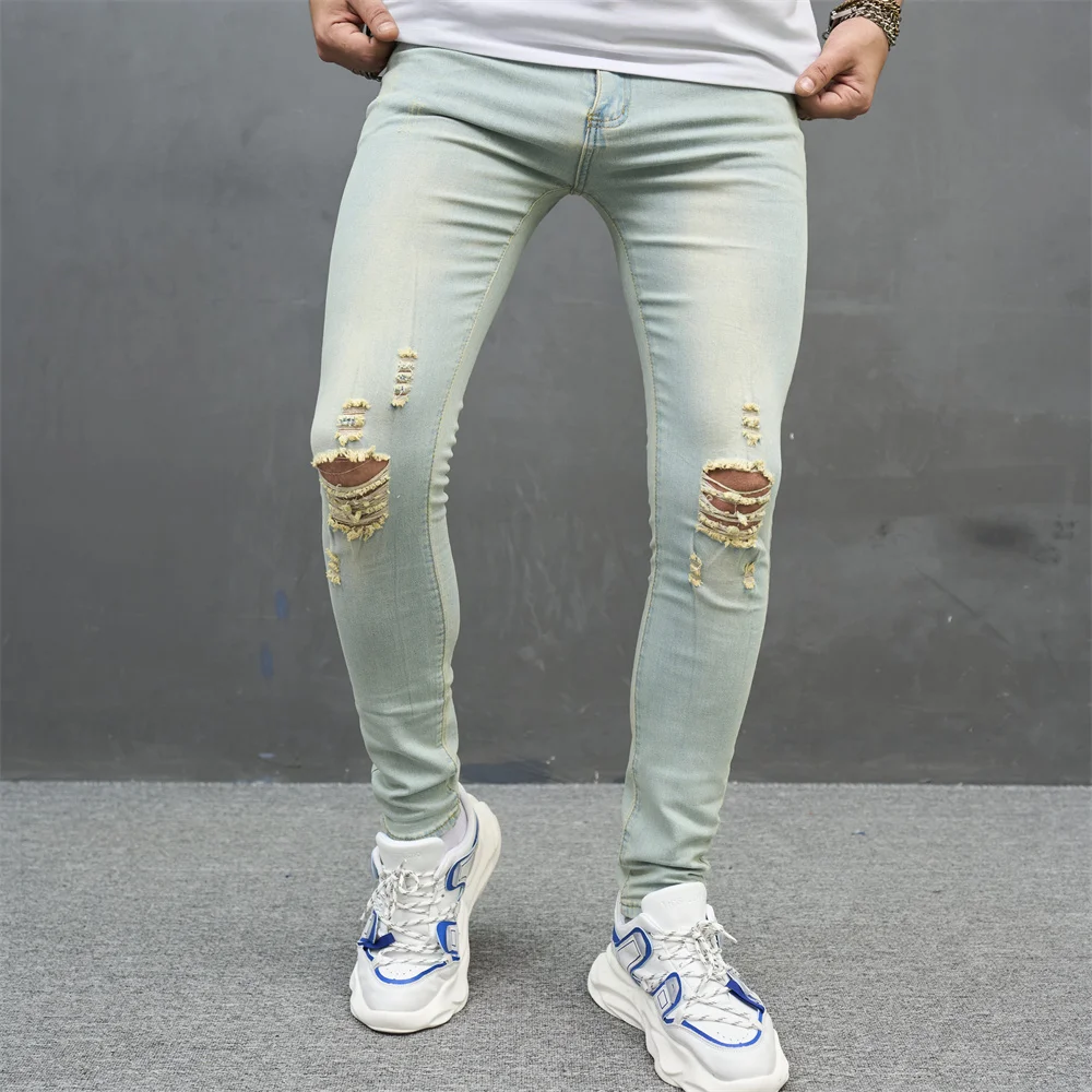 Men Vintage Holes Solid Stretch Skinny Jeans Trousers Stylish Ripped Male Cotton Jogging Slim Casual Denim Pants