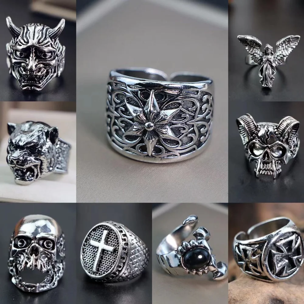 

Men's Open Loop Adjustable Silver Retro Bat Skull Cross Tiger Devil Angel Finger Rings Gothic Punk Darkness Wide Wild Beast Ring