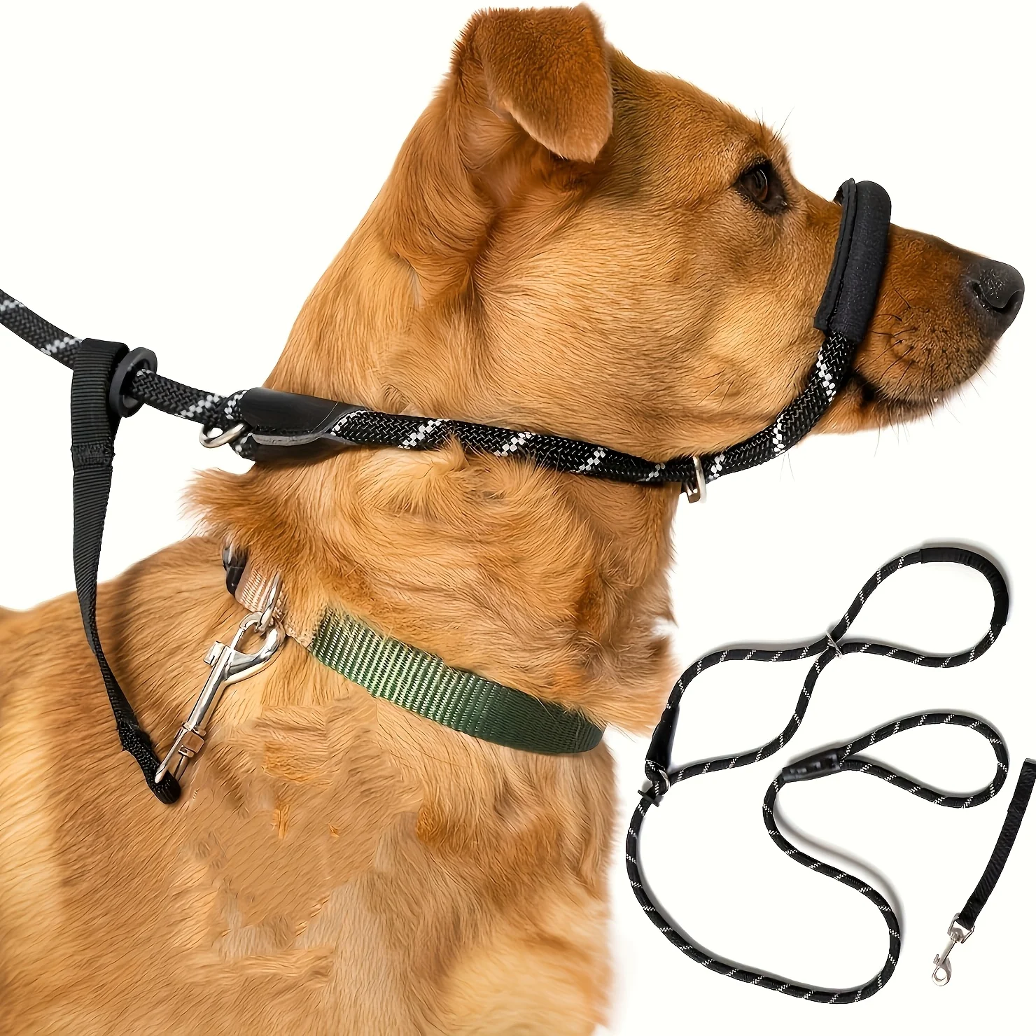 Extra Thick Soft-Padded Dog Collar with Muzzle - Heavy-Duty Non-Slip Leash, Adjustable Strap & Muzzle for Outdoor Safety, Traini