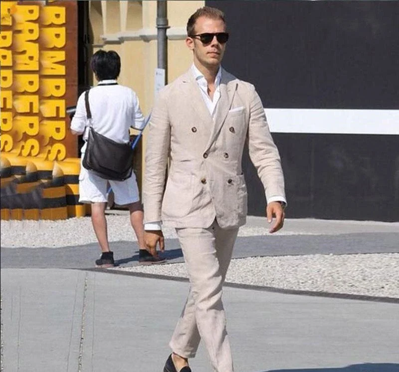 Beige Summer Linen Suit Casual Double Breasted Slim Fit Blazer Hombre High Street High Quality Custom 2 Piece Set Costume Homme