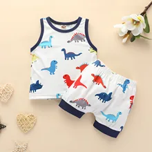 0-2 Years Infant Boys Sleeveless Cartoon Dinosaur Prints Vest Tops And Shorts Baby Clothes Sets 2PCS Sweat Suits Summer Clothes