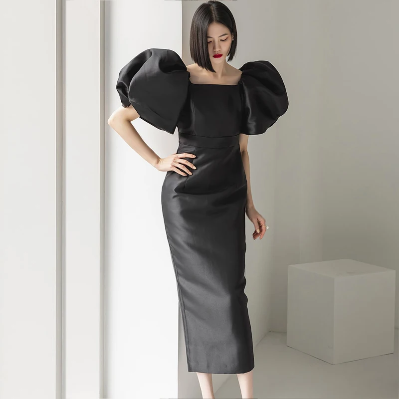 

Новинка 2024, летние женские корейские модные шикарные элегантные винтажные Вечерние Повседневные платья миди с квадратным воротником и пышными рукавами