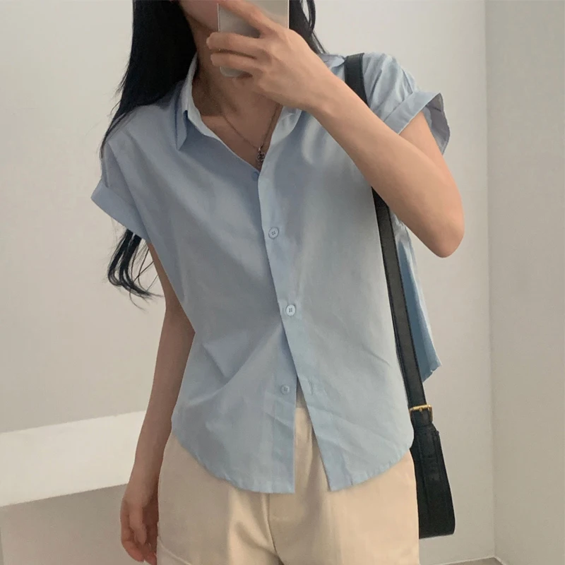 Women's Fashion Summer Turn Down Collar Roll-Sleeved Shirt Short Sleeve Blouse Blue Tops Casual Clothes 8508