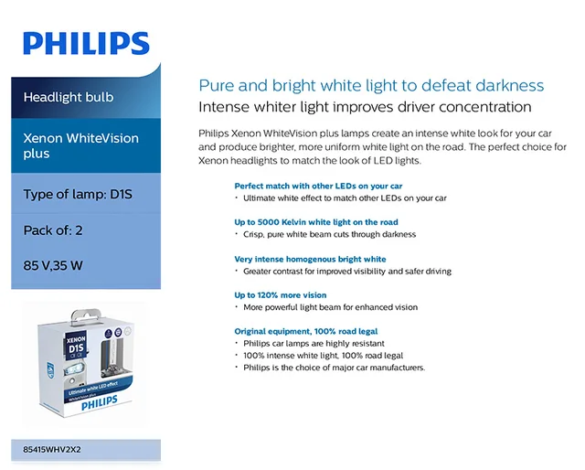 Philips D1s HID Xenon 5000k Bulbs, 85415WHV2