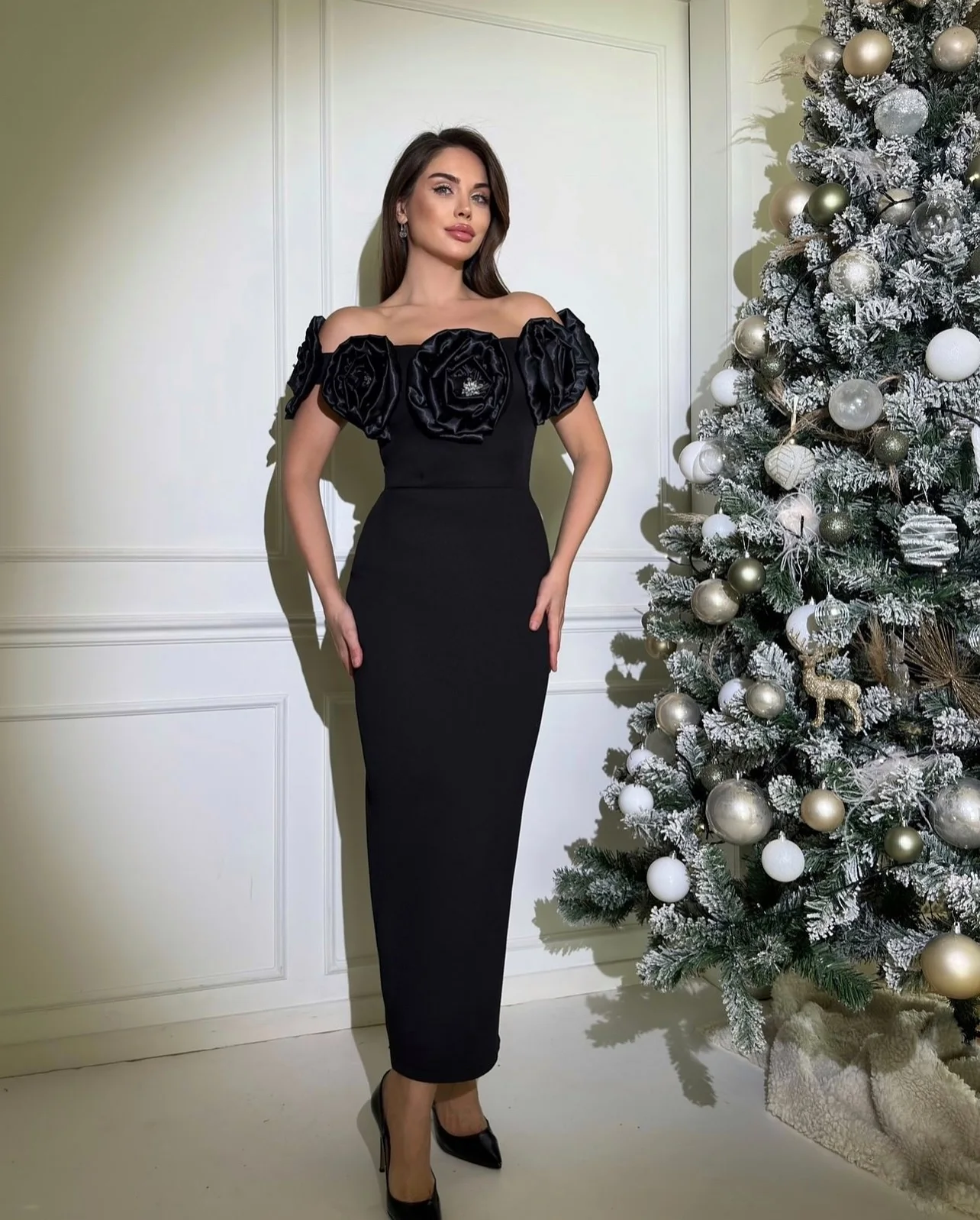 Black Off-the-Shoulder Flowers Asymmetry Cocktail Dress