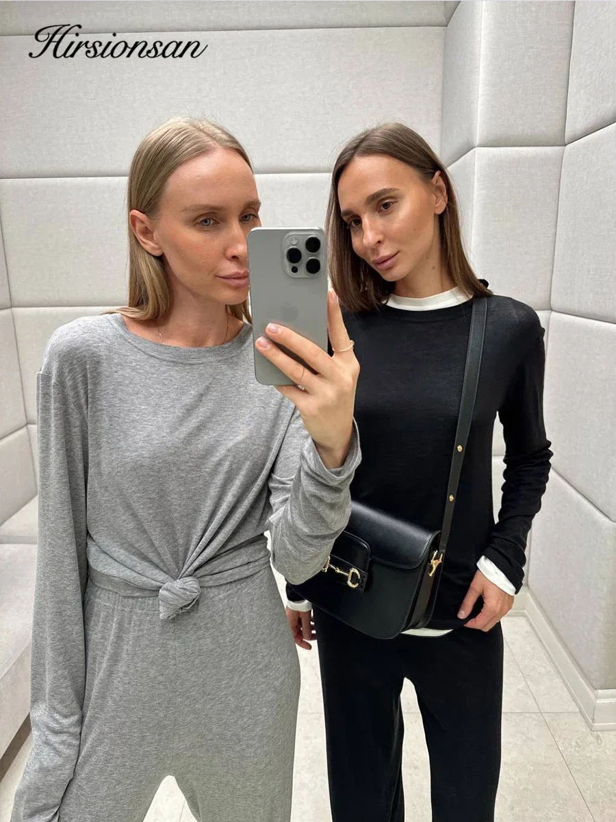 Hirsionsan Modal Soft Loose Sets Women 2025 Casual Two Pieces Long Sleeve T Shirts and High Waist Dresses Outfits Tracksuit 5