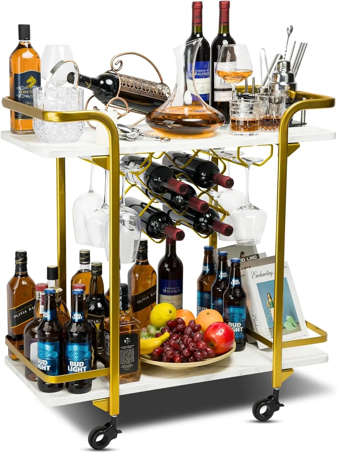 

2-Tier Bar Cart Shelves w/ 8 Wine Racks & 4 Rows of Glass Holders, White Beverage Cocktail Shelves Cart w/ 4 Lockable Wheels