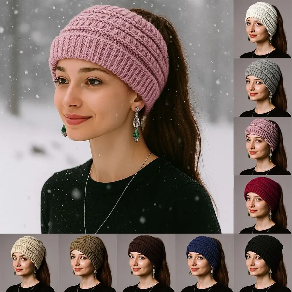 Warm Knitted Ponytail Beanie Hat for Women Autumn