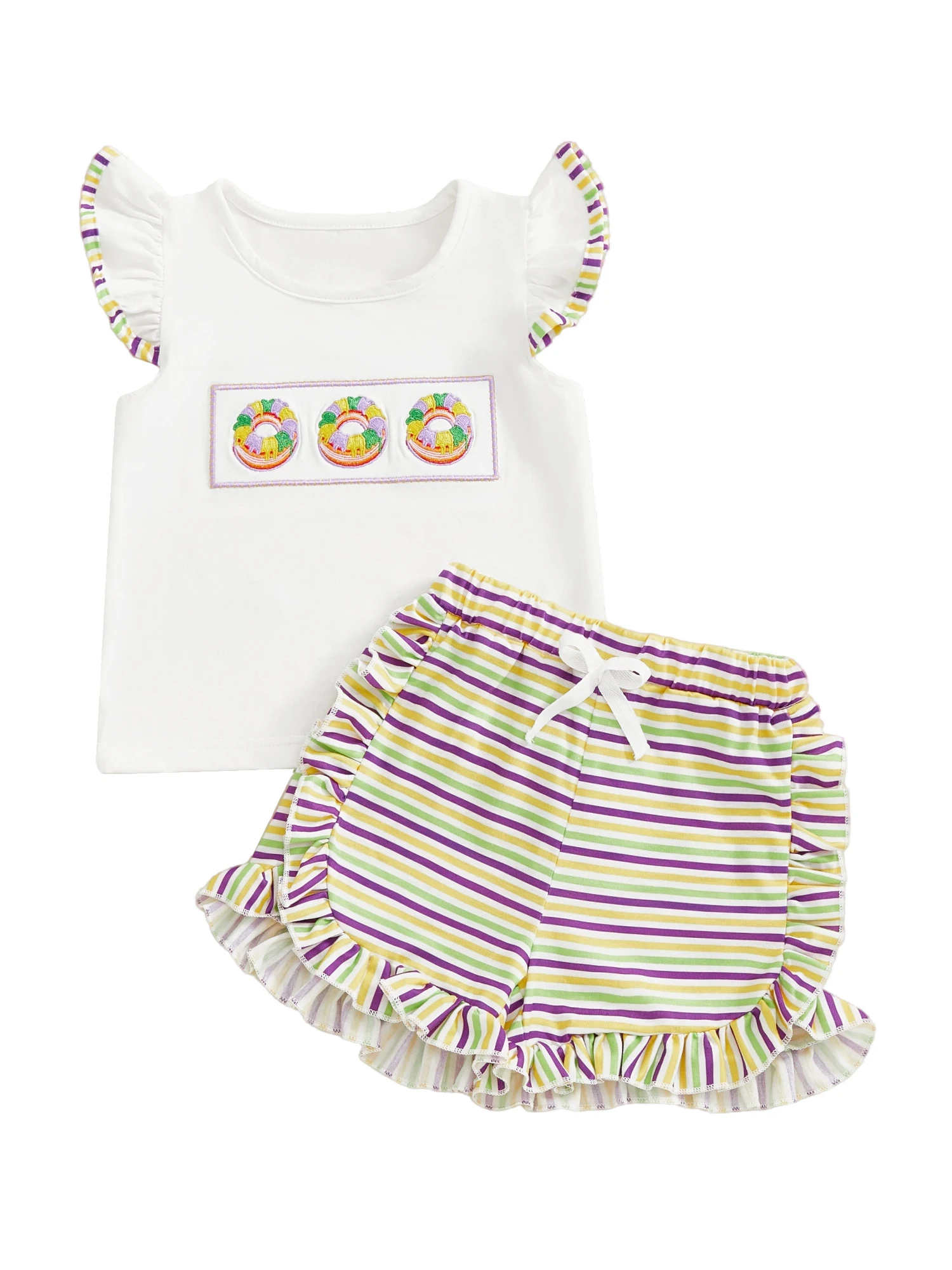 Infant Girl Mardi Gras Costume Embroidered Ruffle Crew Neck Top with Flutter Sleeves and Plaid Shorts 2 Piece Set for Toddlers