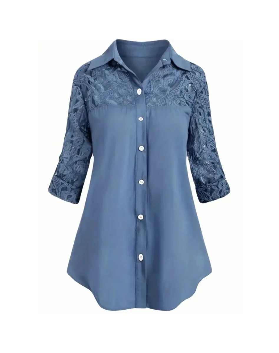 Women Casual Ladies Solid Color Turn-down Collar Lapel Long Sleeve Lace Stitching Hollow out Top Shirts DF5001