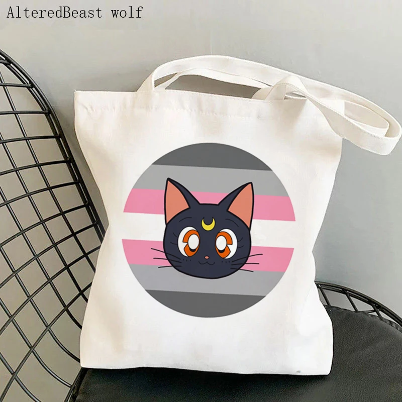 Women Shopper bag Asexual Pride Sailor Meow Kawaii Bag Harajuku Shopping Canvas Shopper Bag girl handbag Tote Shoulder Lady Bag