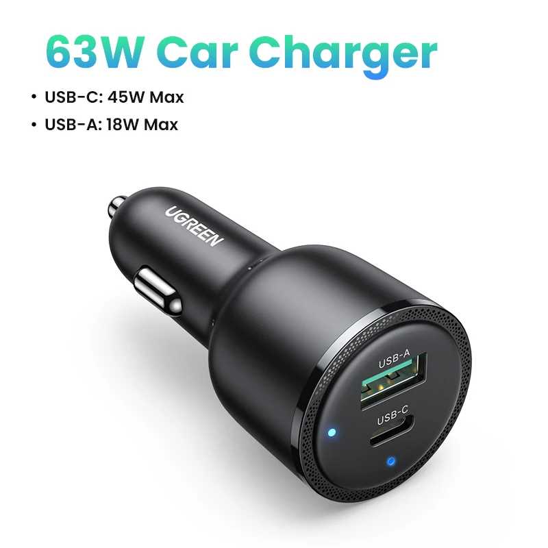 מטען לרכב UGREEN 63W PD QC 3.0 PPS 45W USB סוג C טעינה מהירה עבור iPhone 17 16 Samsung Xiaomi מטען לטלפון נייד