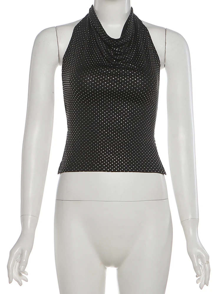 Nibber Fashion Sticky Diamond 2 Piece Set Women Y2K Halter Backless Vest+Bike Shorts Slim Coquette Midnight Street Sexy Clubwear