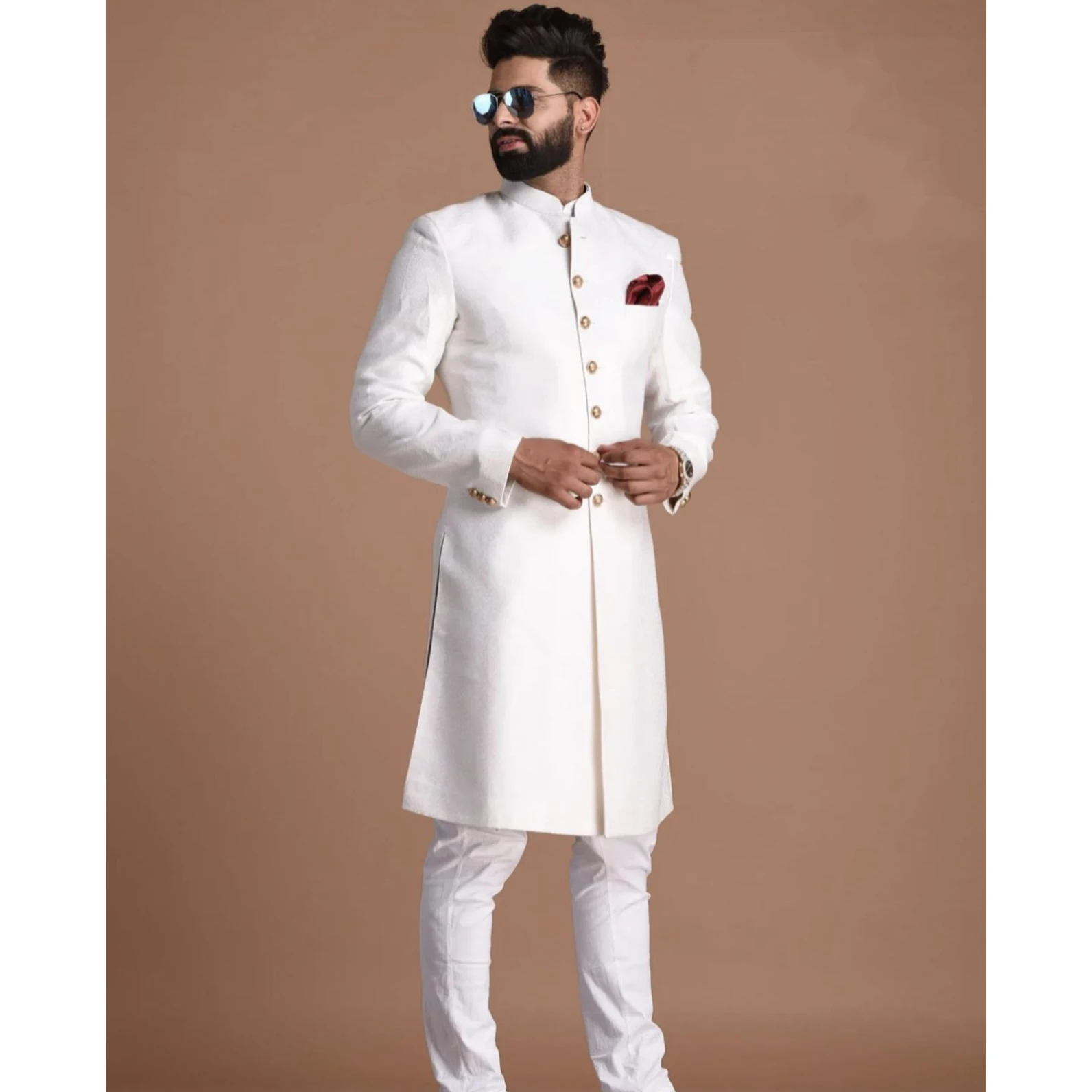Men Fashion Suits Long Jacket Pants Two Piece Regular Wedding Groom Outfits Single Breasted Stand Lapel
