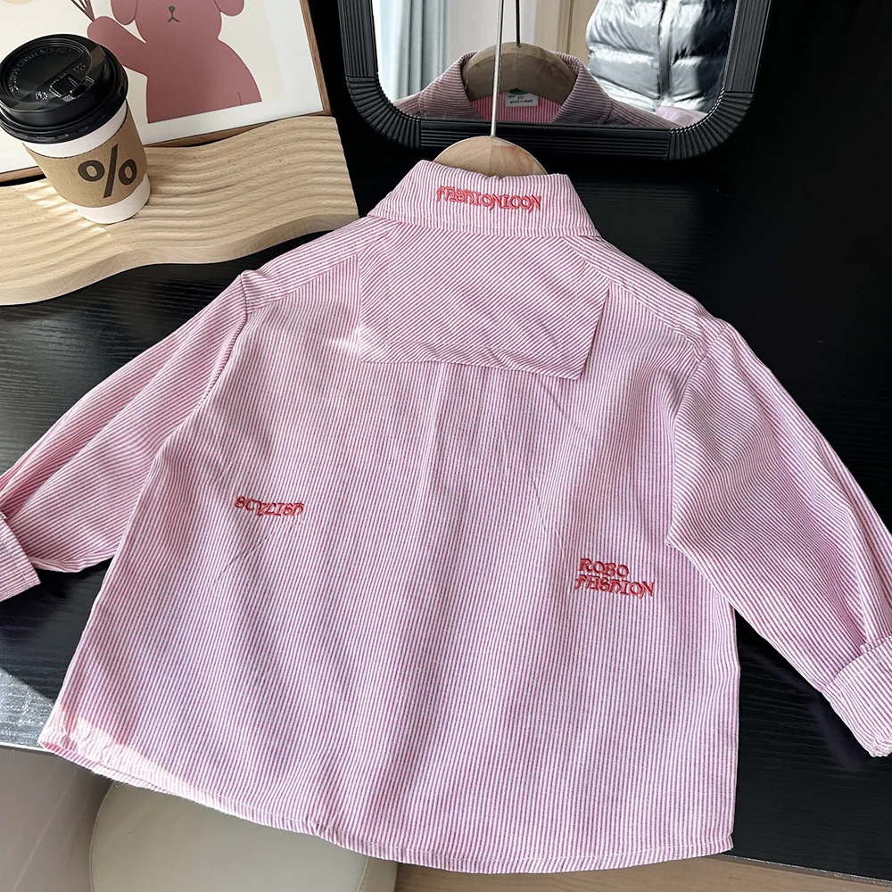 Spring Autumn Girls Boys Casual Stripe Embroidery Long Sleeve Blouse Two Colors