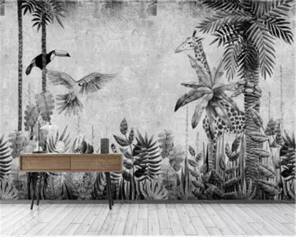 

Milofi Customizes a large 3D Nordic hand drawn tropical rainforest plant landscape background wall