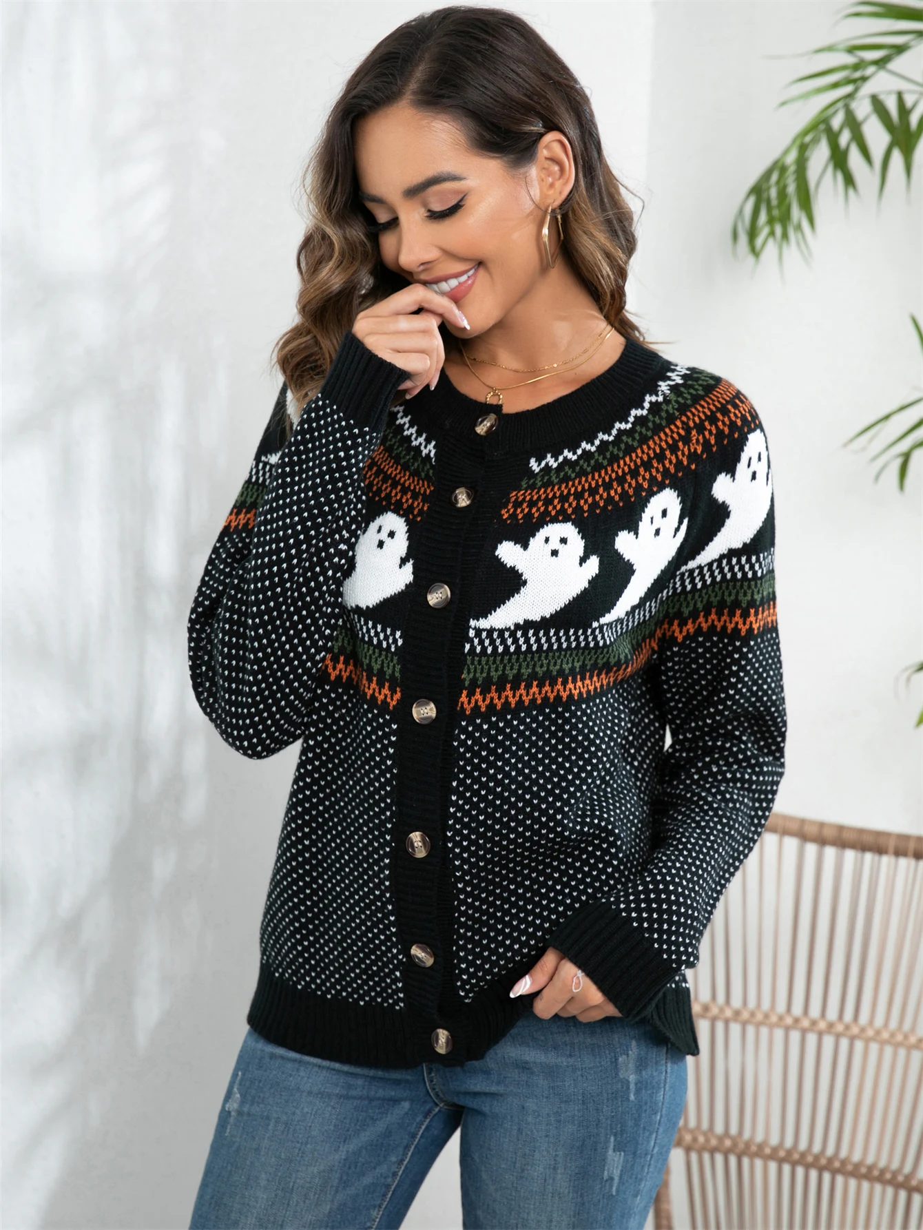 여성용 할로윈 유령 패턴 빈티지 크루넥 단추, 앞면 긴팔 가디건, 레트로 패션 스테이플 스웨터 