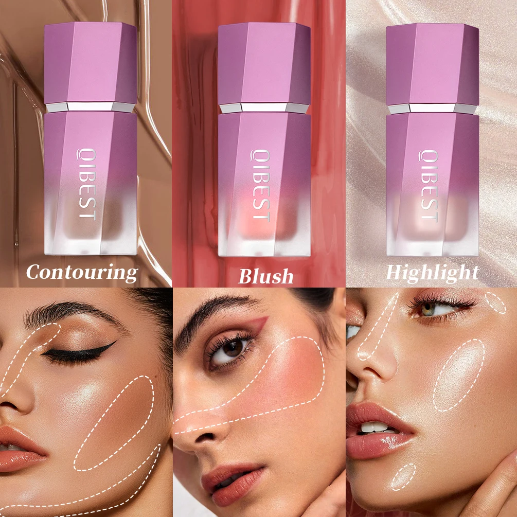 QIBEST Liquid Blush Stick with Cushion Natural Liquid Contouring for Face Blusher Pigment Lasting Cheek Tint Cream Blush Makeup