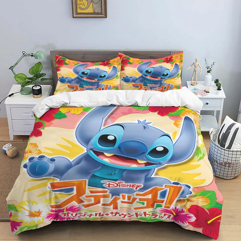 thumbnail image 1 of Juego de cama de tres piezas con estampado de dibujos animados de Disney Stitch, con funda de almohada, para niños o adultos, tamaño King, Queen, Full y Twin, 1 of 4