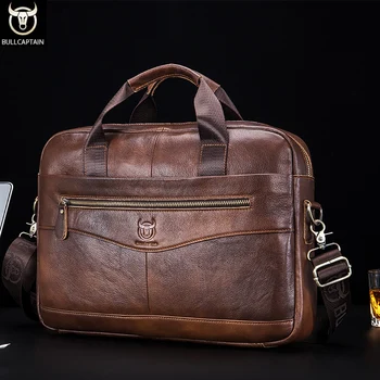 BULLCAPTAIN Briefcase Shoulder Messenger Bags Men's Genuine Leather 14-inch Laptop Bag's Men's Briefcase Office Business Handbag 1