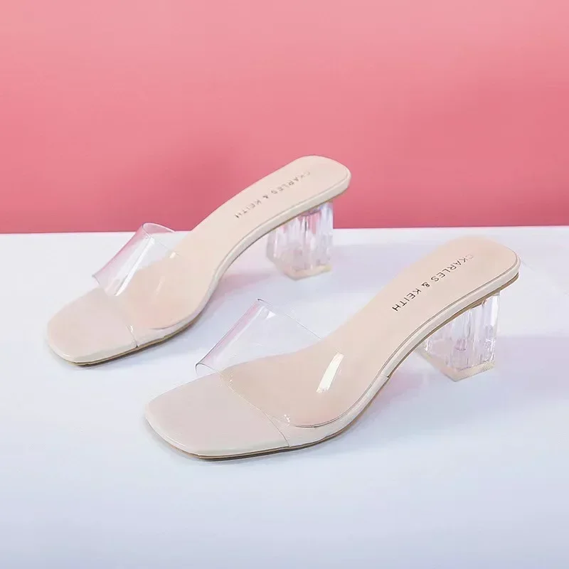 

OLOMLB Crystal Clear Transparent Heel Slippers Female Shoes Middle Heels Comfortable New Summer Women Fashion Mules Slides 42