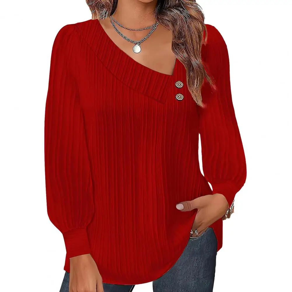 

Fashion Blouse Women Top Oblique Neck Button Decor Lantern Sleeve Solid Color Pullover Lady Fall Blouse blusa mujer moda 2023